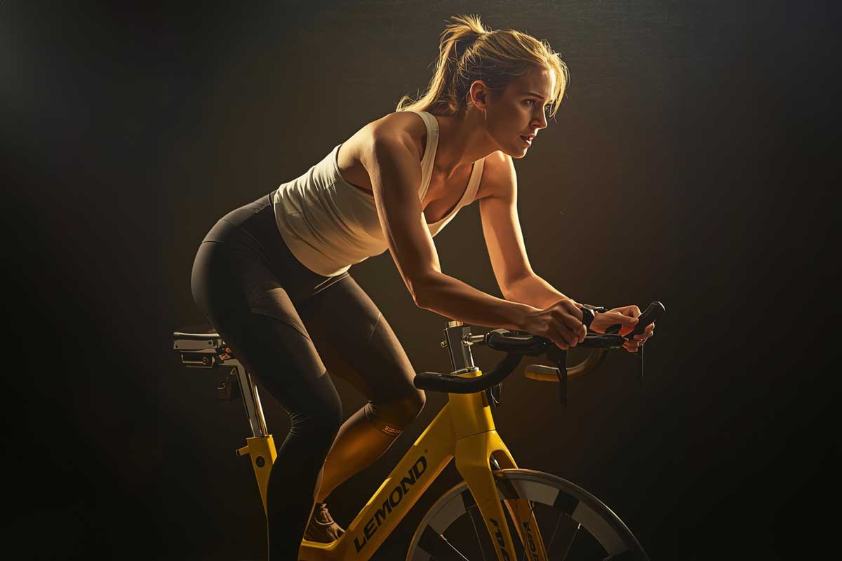 High-intensity indoor cycling class with focused training and group motivation.